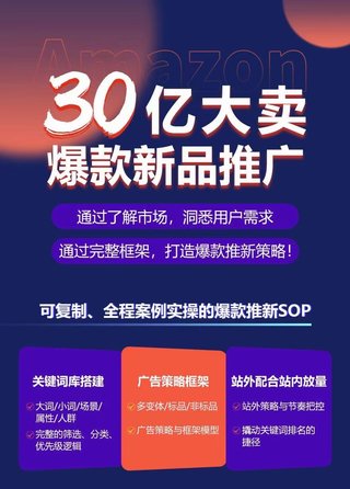 【抖音上新】 30亿大卖爆款新品推广 通过了解市场，洞悉用户需求，通过完整框架，讲解关键词库模型、广告策略、站外推广，打造你的爆款推新策略！